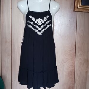 Black Floral Appliqué Mini Dress - Spaghetti Strap